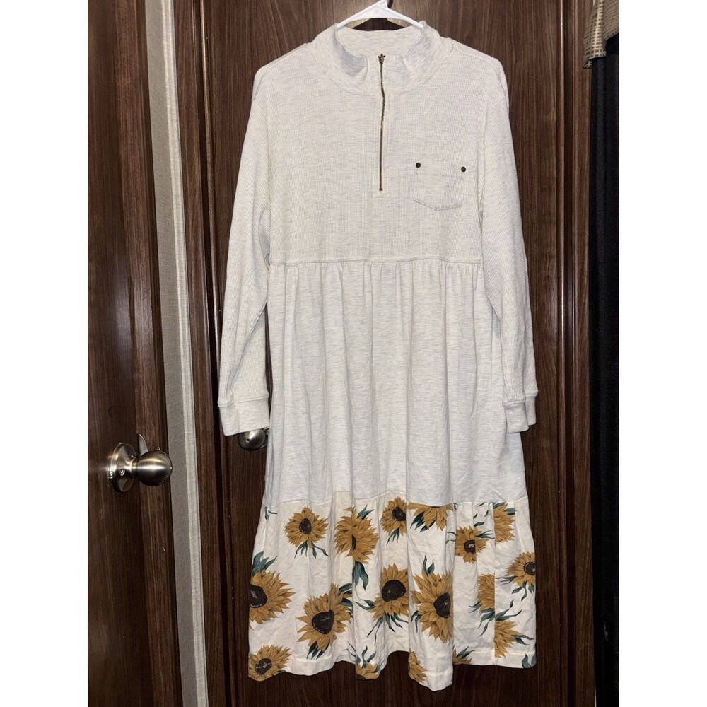 Vintage Sigrid Olsen gray Knit Mock Neck Half Zip Shirt Dress Floral Hem Size L